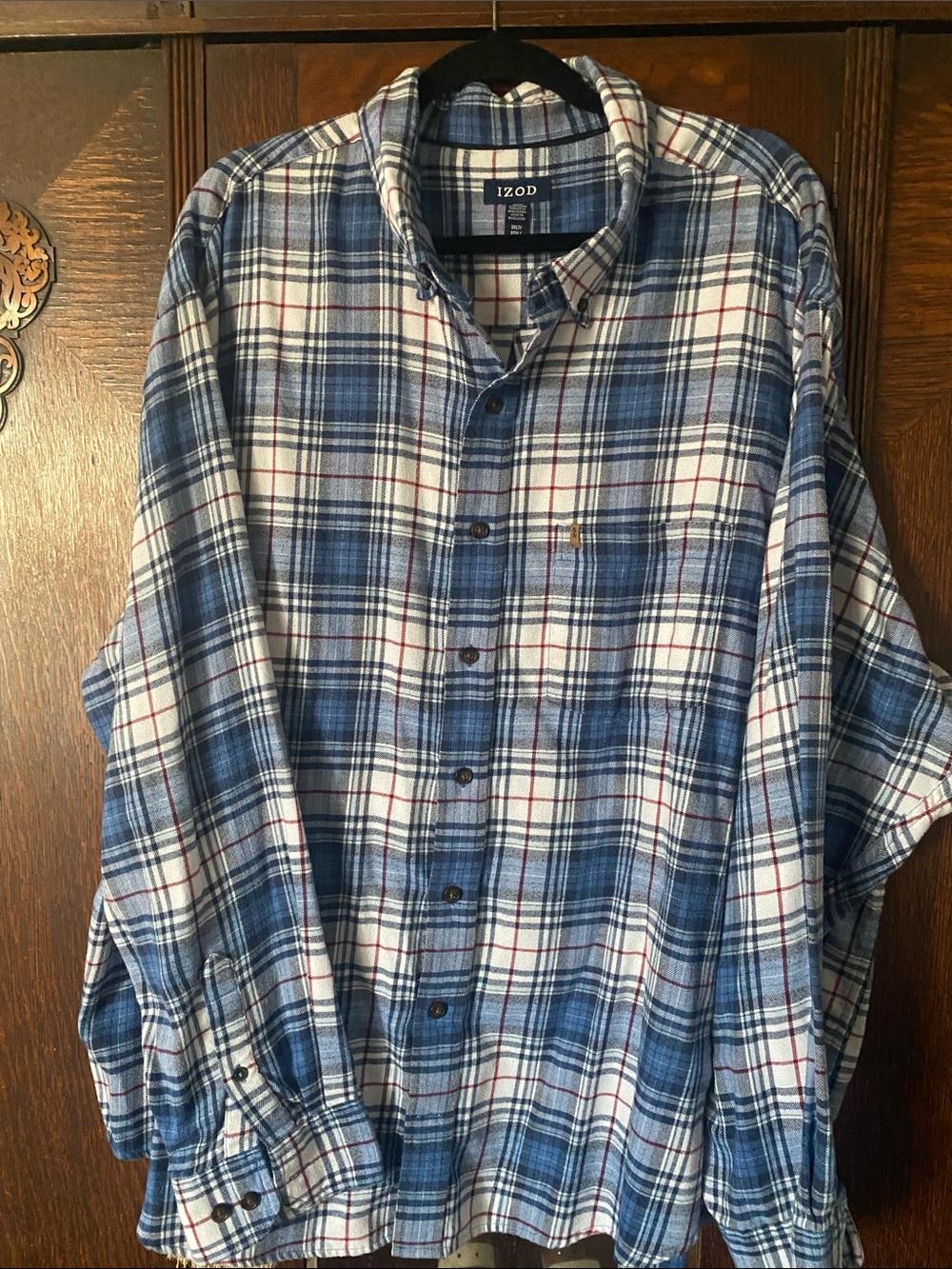 Izod Men's Blue and White Plaid Button-Down Shirt with Red Accents